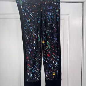 Fabletics Black Leggings with Multicolor Paint-Splash Print